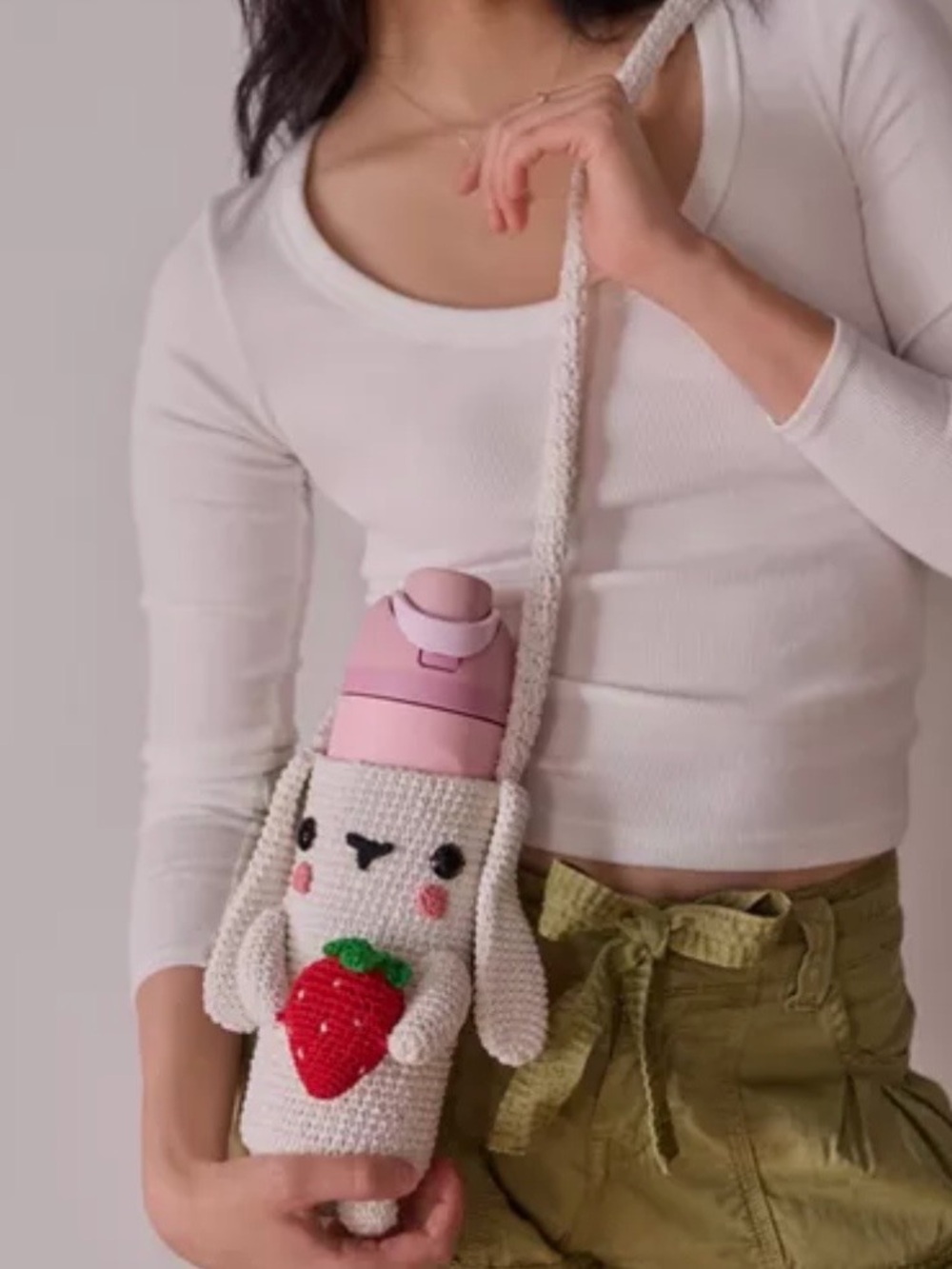 Cute Bunny Bottle Holder Crochet Crossbody - Cream Kidcore CottageCore